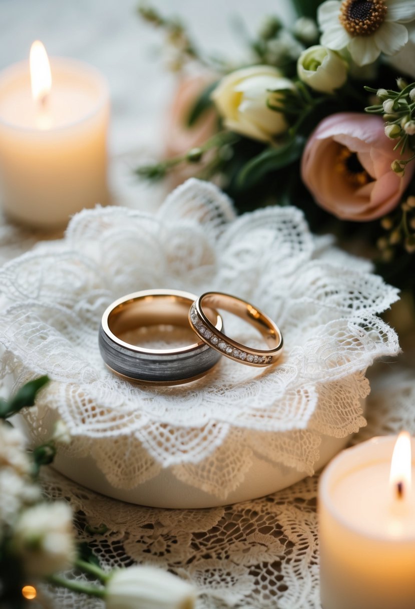 Two weathered wedding rings resting on a bed of delicate white lace, surrounded by soft candlelight and vintage floral arrangements