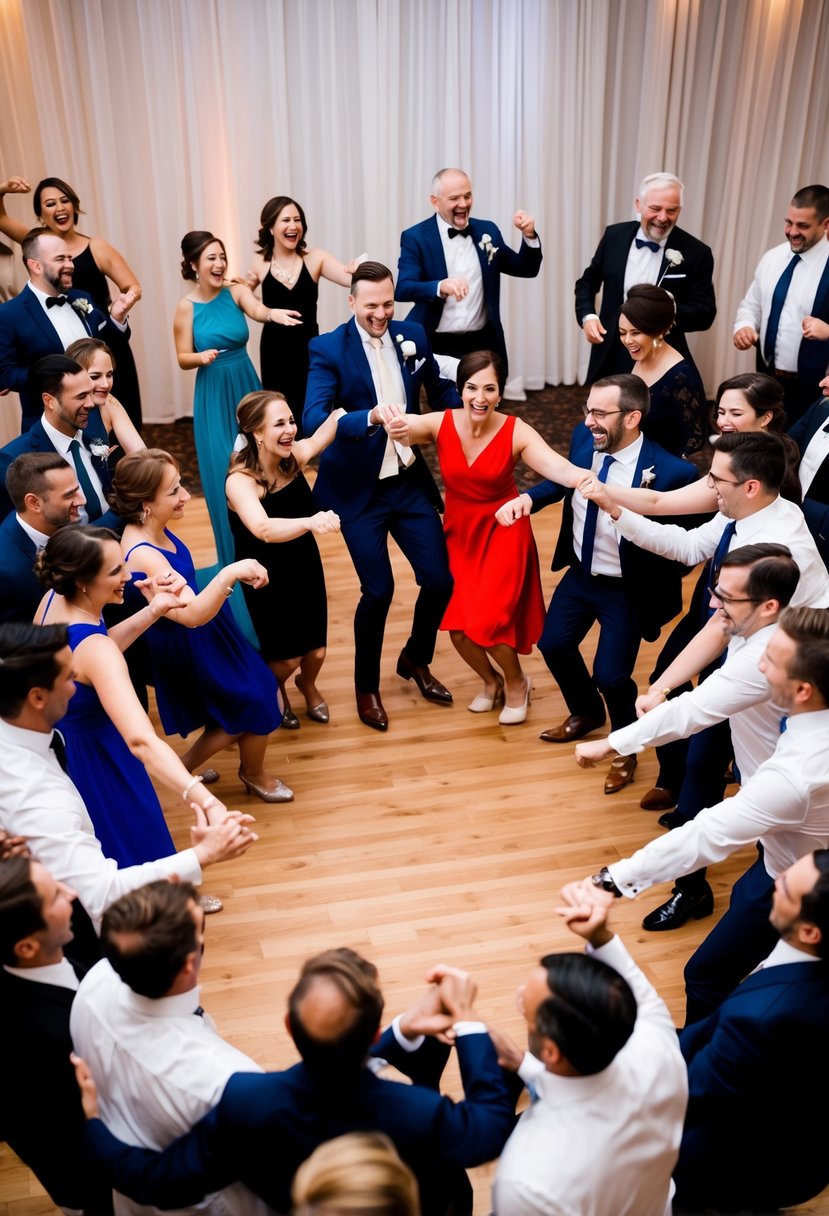 A circle of wedding guests forms, dancing in a flash mob style at the reception, with laughter and fun