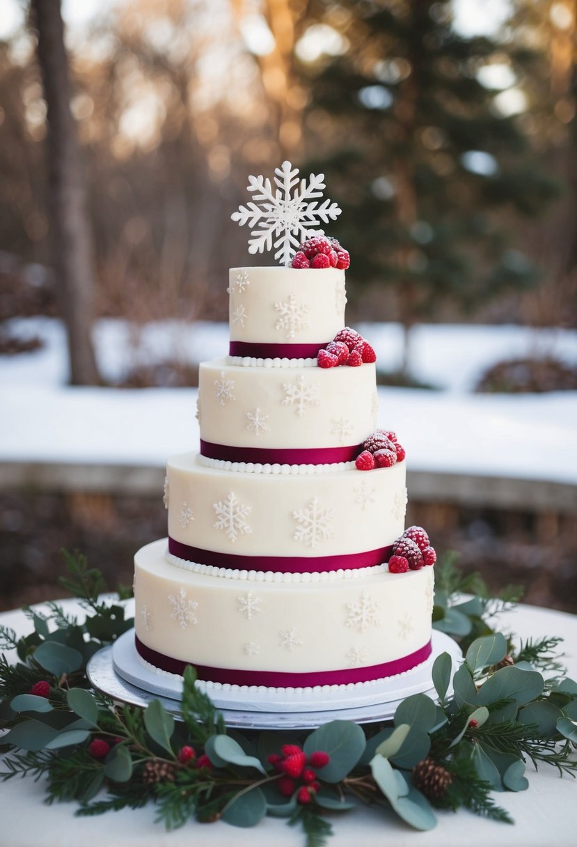 A three-tiered white chocolate and raspberry wedding cake adorned with delicate snowflake decorations and surrounded by winter foliage and berries