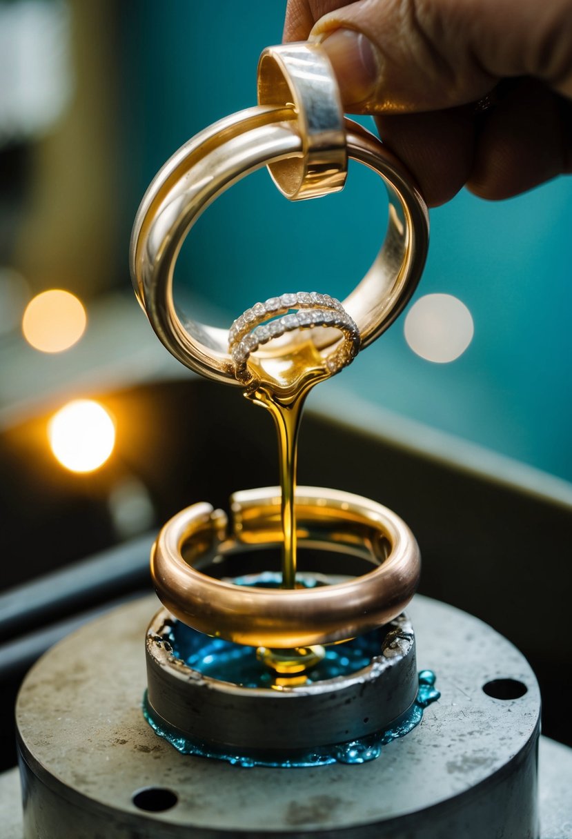 Old wedding rings melting into molten metal, pouring into a mold to form a pendant