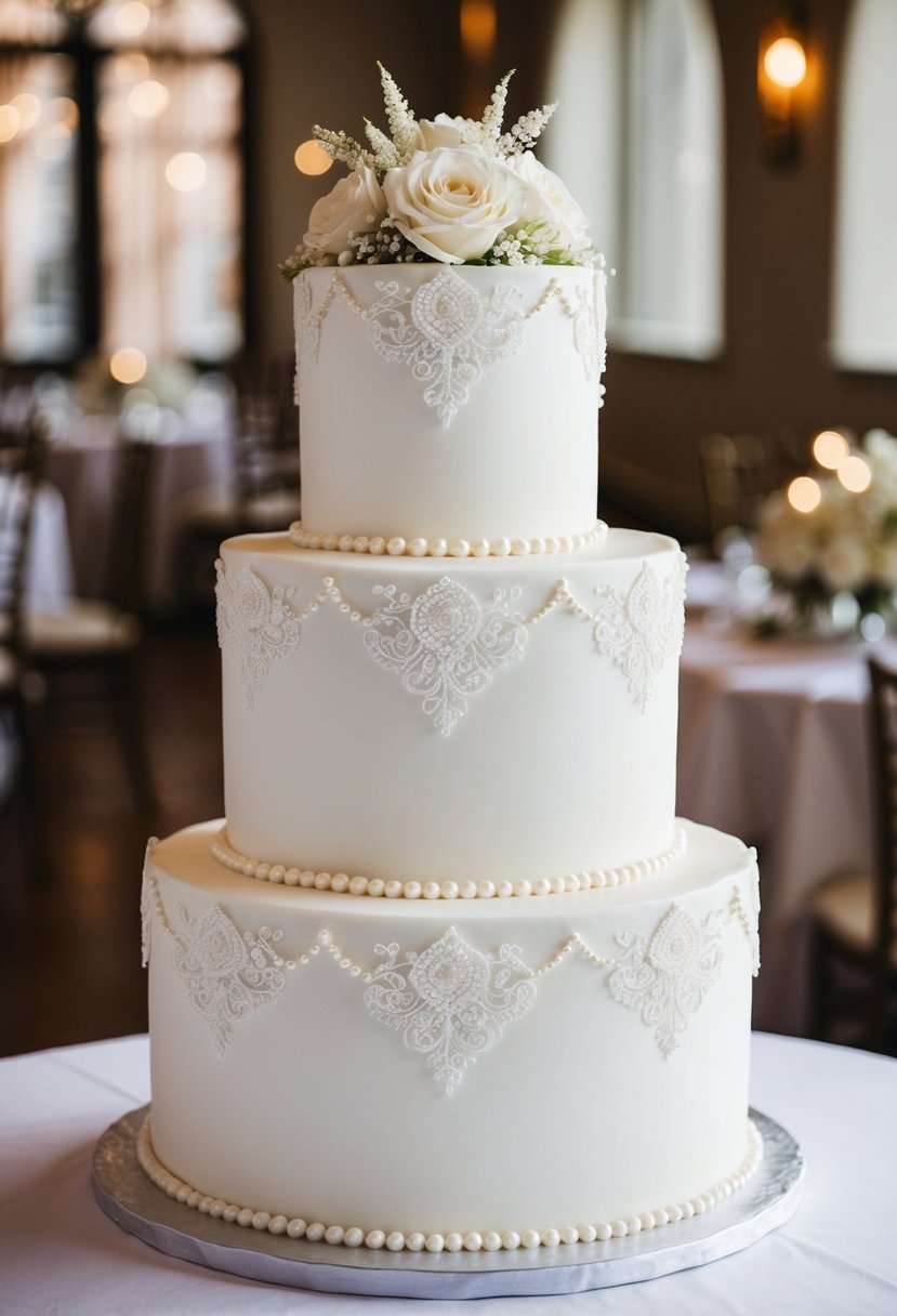 A three-tiered white wedding cake adorned with delicate pearls and intricate lace designs