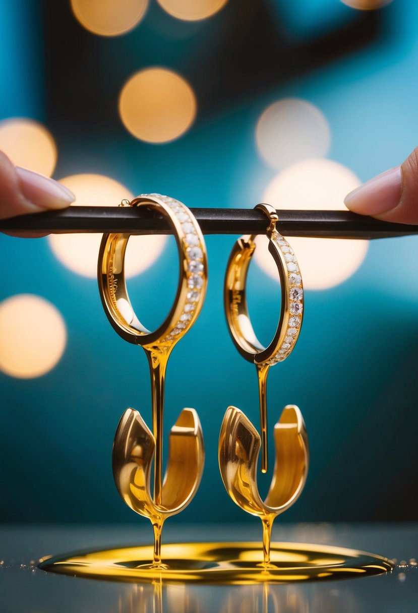 Two wedding rings melting into liquid gold, then being poured into earring molds