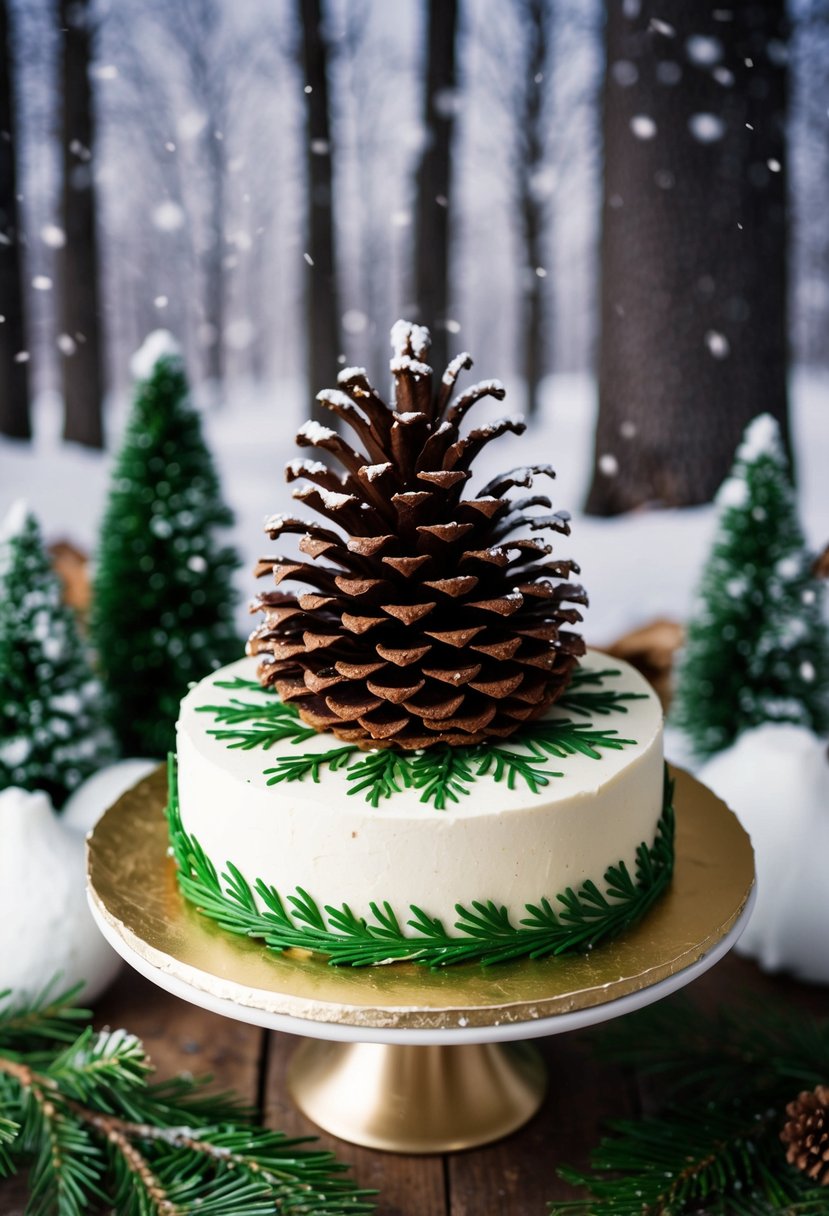 A pinecone-shaped cake adorned with edible pine needles and forest-inspired decorations, set against a backdrop of snowy trees and woodland elements