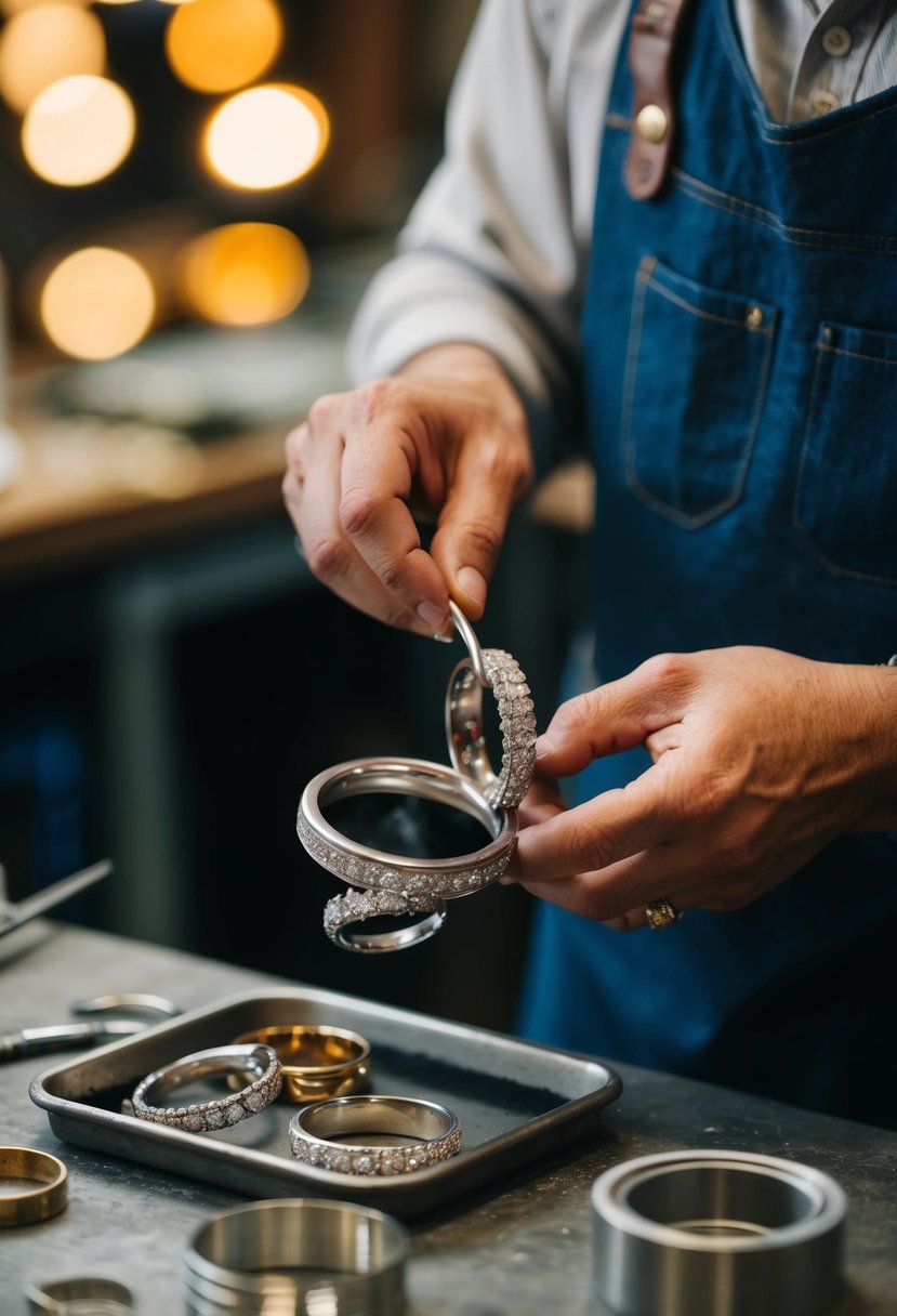 A jeweler melting down old wedding rings, shaping and polishing the metal into a new engagement ring design