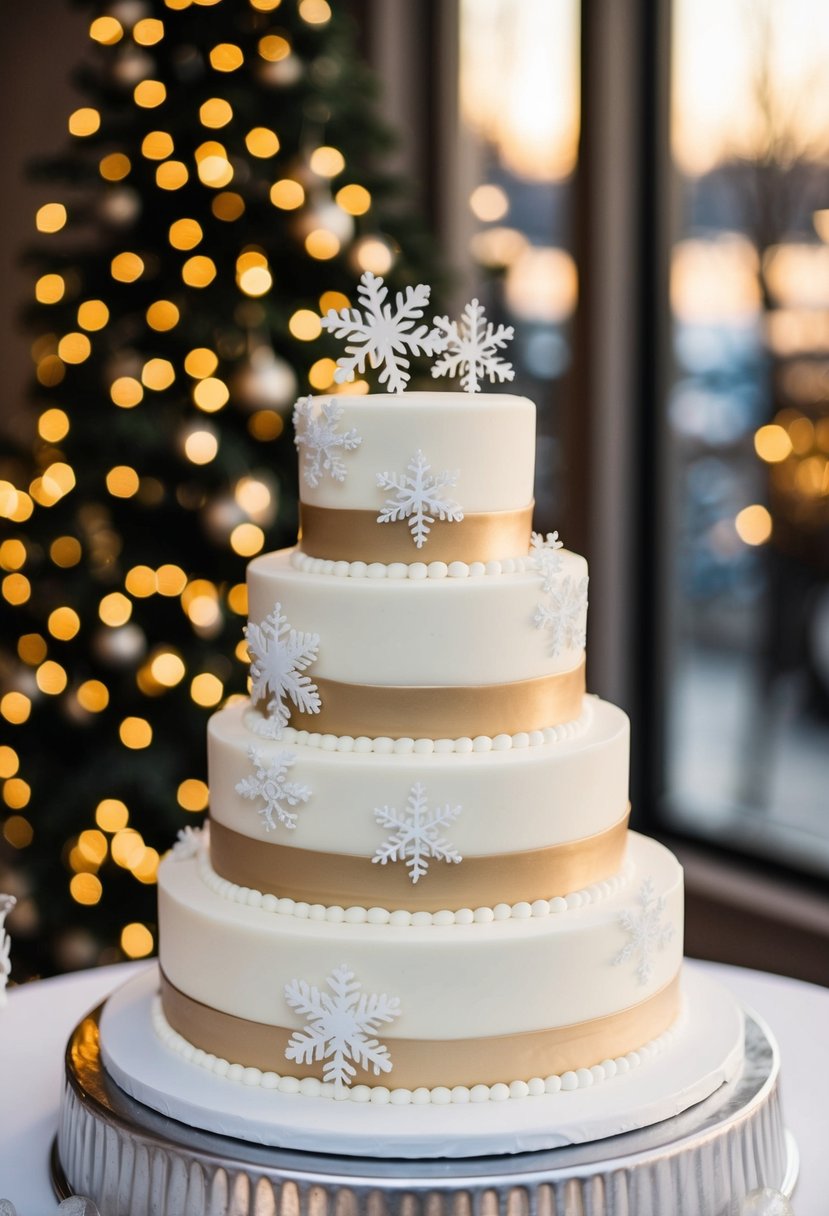 A three-tiered winter wedding cake adorned with frosted gold accents and delicate snowflake decorations