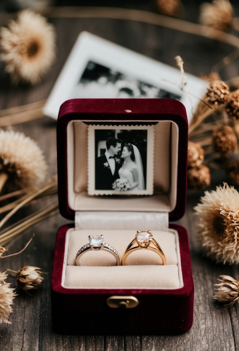 Two old wedding rings nestled in a velvet-lined wooden jewelry box, surrounded by dried flowers and a faded black-and-white wedding photo