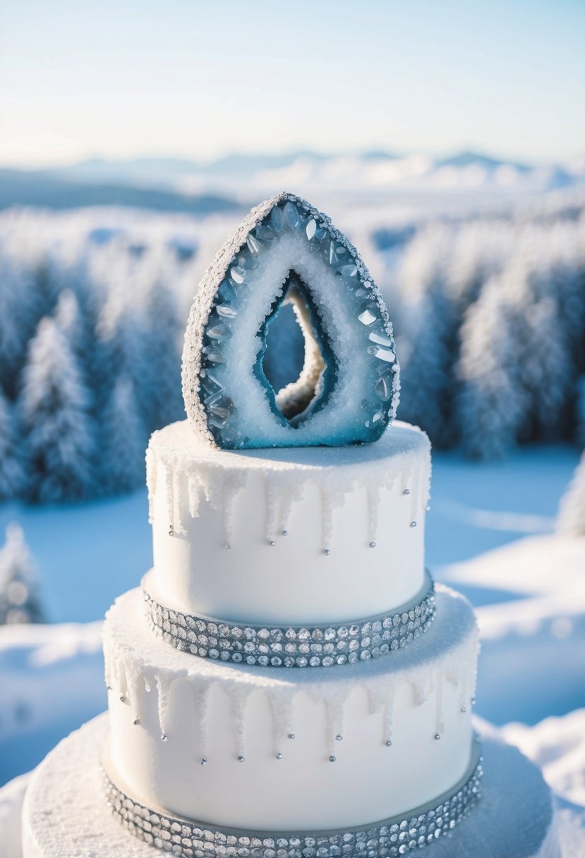 A snow-covered geode-shaped wedding cake, adorned with icy crystals and silver accents, sits atop a frosty winter wonderland landscape