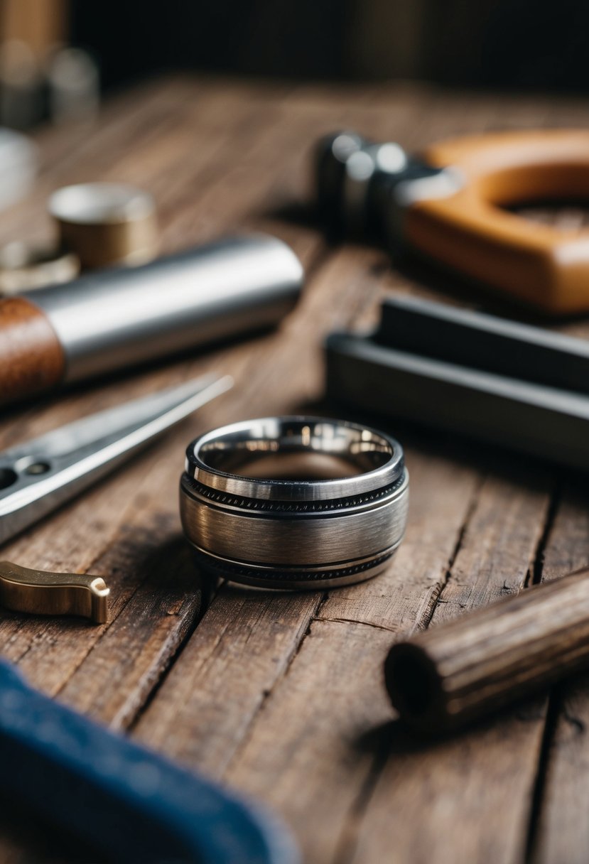 A weathered old wedding ring lies on a rustic wooden table, surrounded by tools and materials for repurposing into a new men's ring design