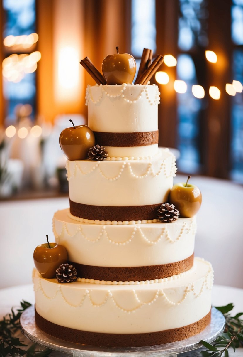 A three-tiered winter wedding cake adorned with caramel apples, cinnamon sticks, and a warm spice color palette