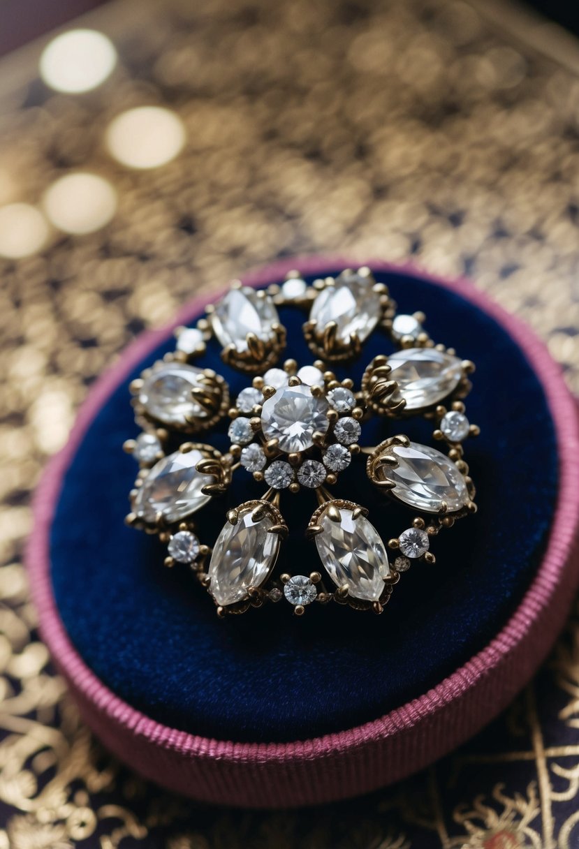 A custom brooch made from old wedding rings, featuring intricate details and elegant design, displayed on a velvet cushion