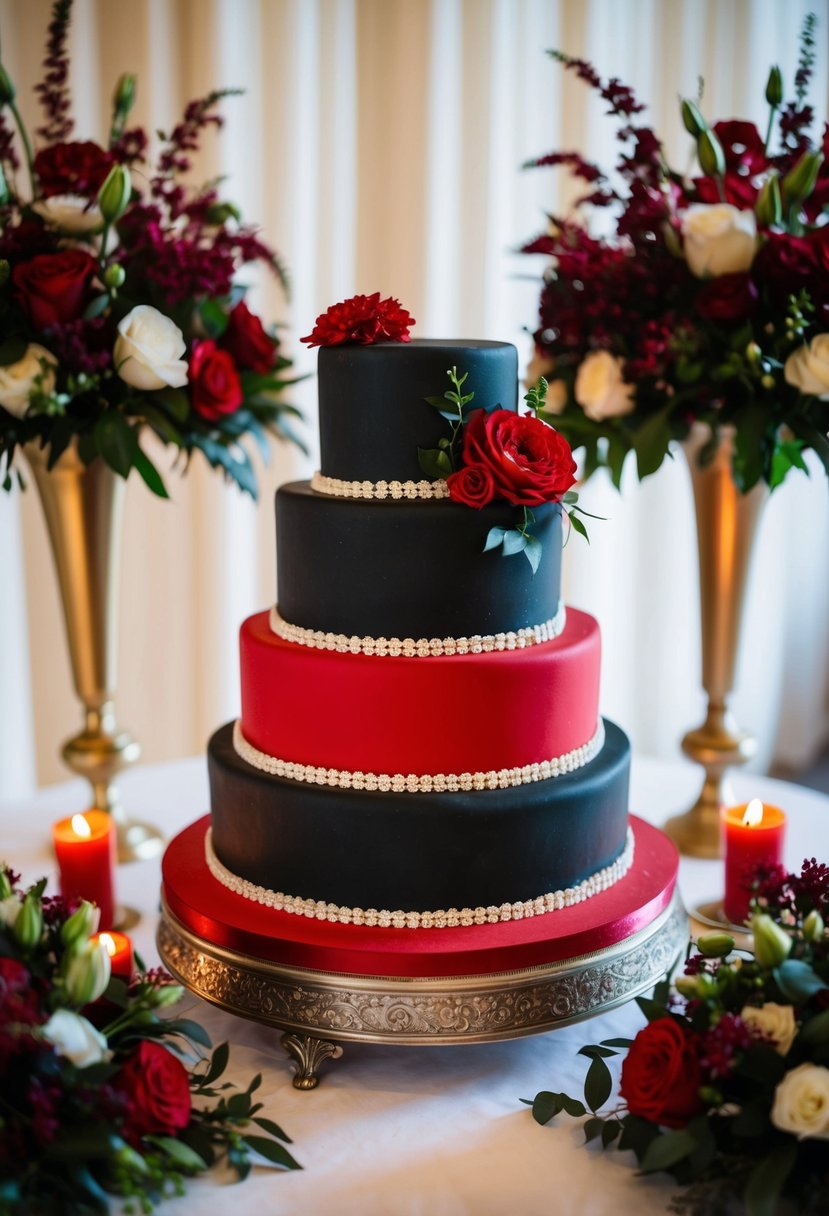 A black and red decorated wedding cake surrounded by matching floral arrangements and candles