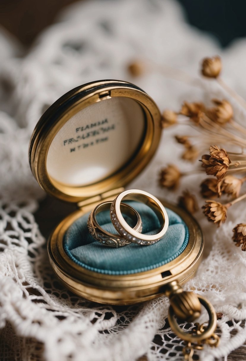 Two old wedding rings nestled inside a vintage locket, surrounded by delicate lace and dried flowers