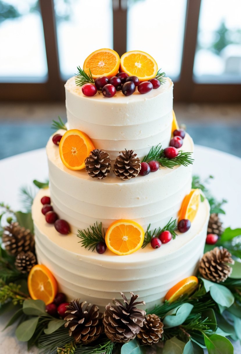 A tiered wedding cake with frosted cranberries and orange slices, adorned with winter foliage and pinecones