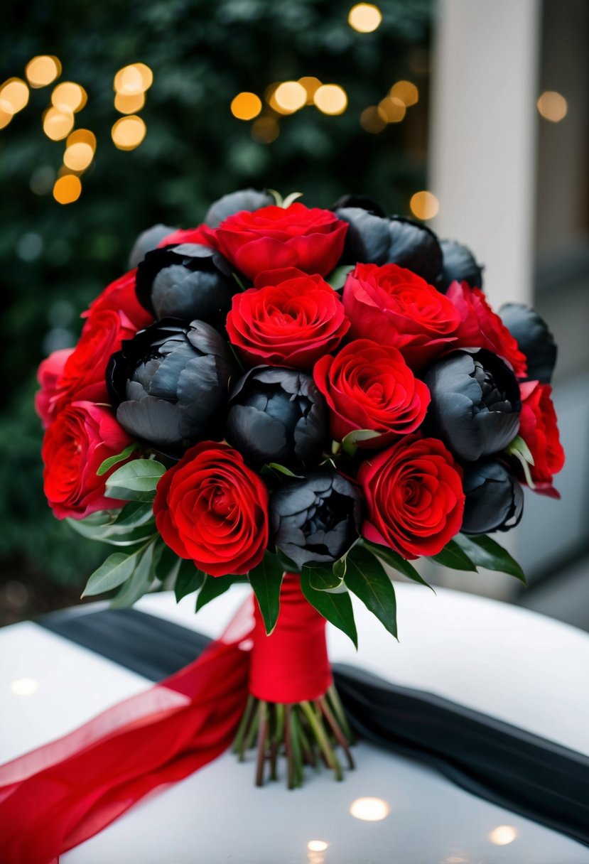 A bouquet of red roses and black peonies arranged in a glamorous and elegant manner for a black and red wedding theme