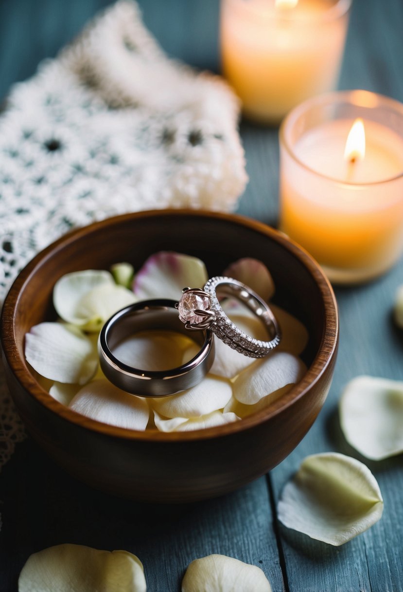 Two wedding rings nestled in a bed of rose petals, surrounded by soft candlelight and a vintage lace handkerchief