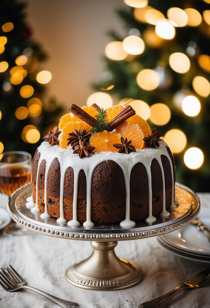 A festive fruitcake adorned with winter spices and spiced rum, set on a elegant wedding cake stand