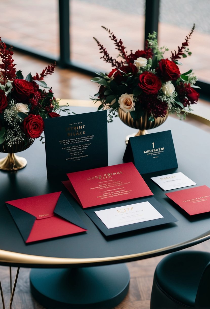 An elegant red and black invitation suite displayed on a sleek, modern table with matching decor and floral arrangements