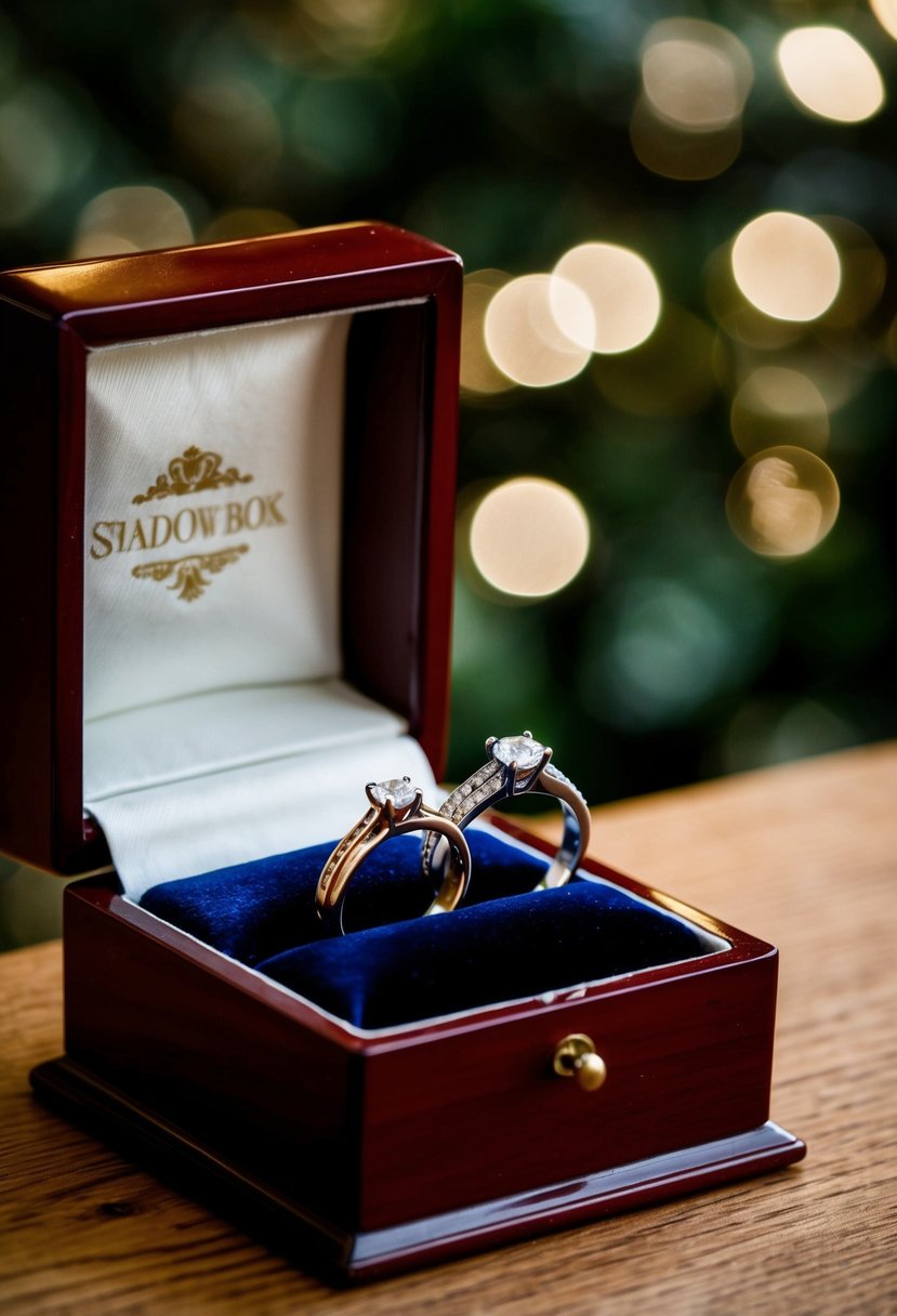 Two old wedding rings resting on a velvet cushion inside a polished wooden shadow box