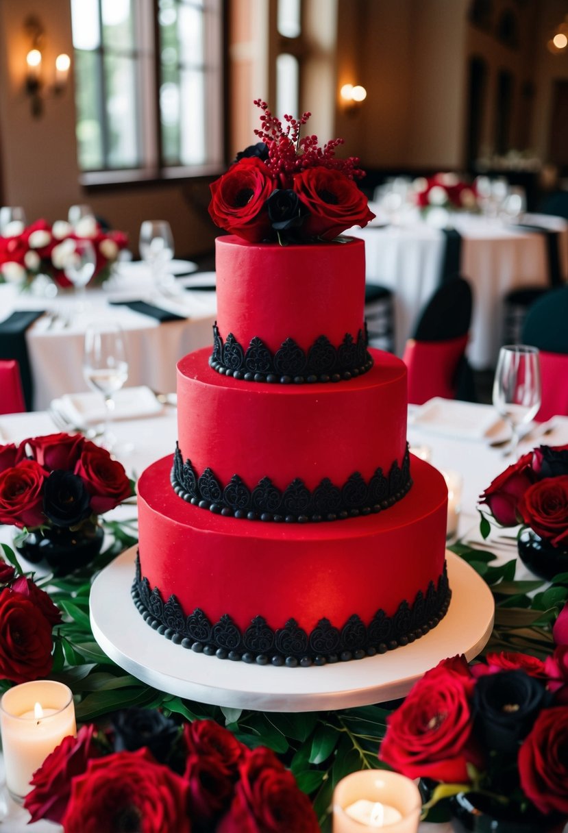 A three-tiered red velvet wedding cake with black fondant details, surrounded by red and black floral arrangements and elegant table settings