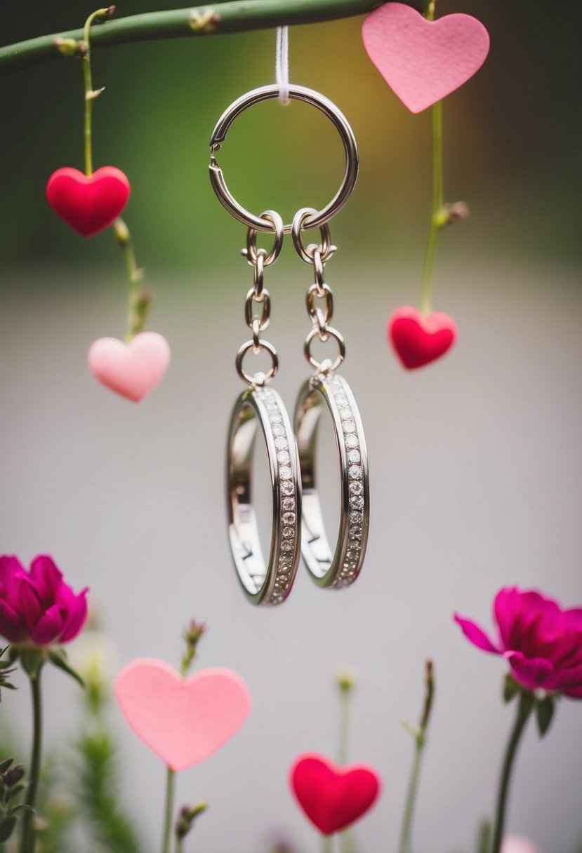 Two linked wedding rings hanging from a keychain, surrounded by small hearts and flowers