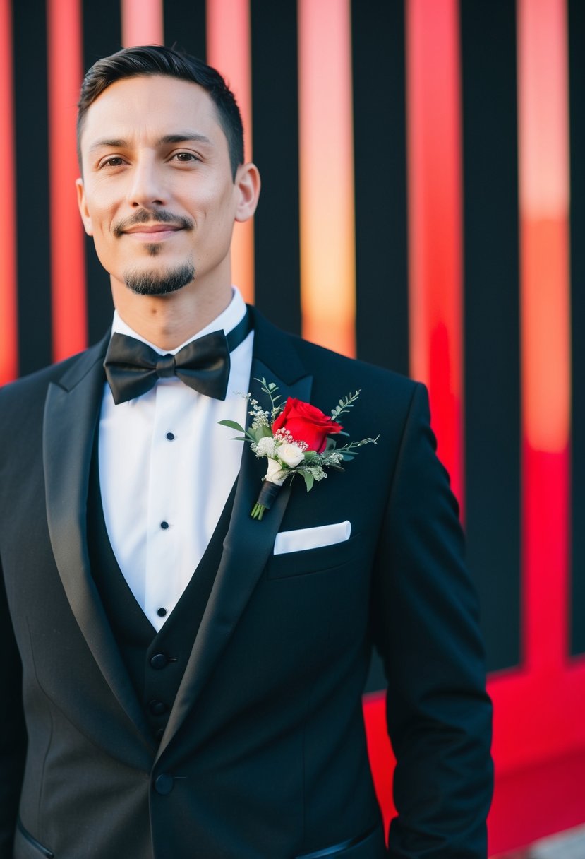 A black tuxedo with a red boutonniere against a black and red wedding backdrop