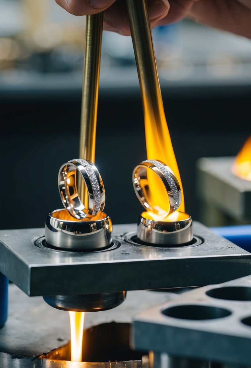 Two wedding rings being melted down into molten metal, then poured into cufflink molds