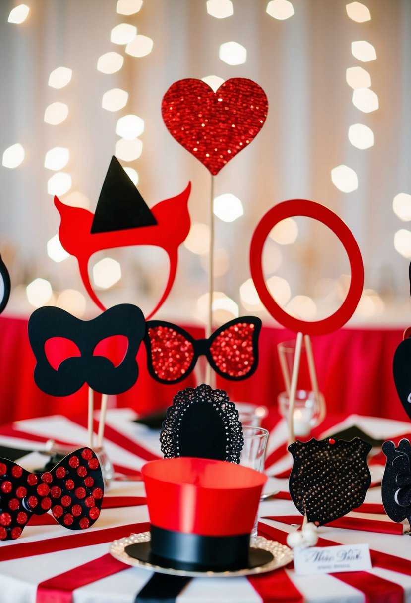 A table adorned with red and black themed photo booth props for a wedding