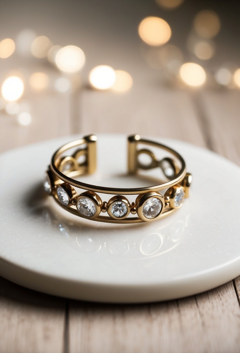 A delicate bracelet adorned with repurposed old wedding rings, gleaming in the soft light