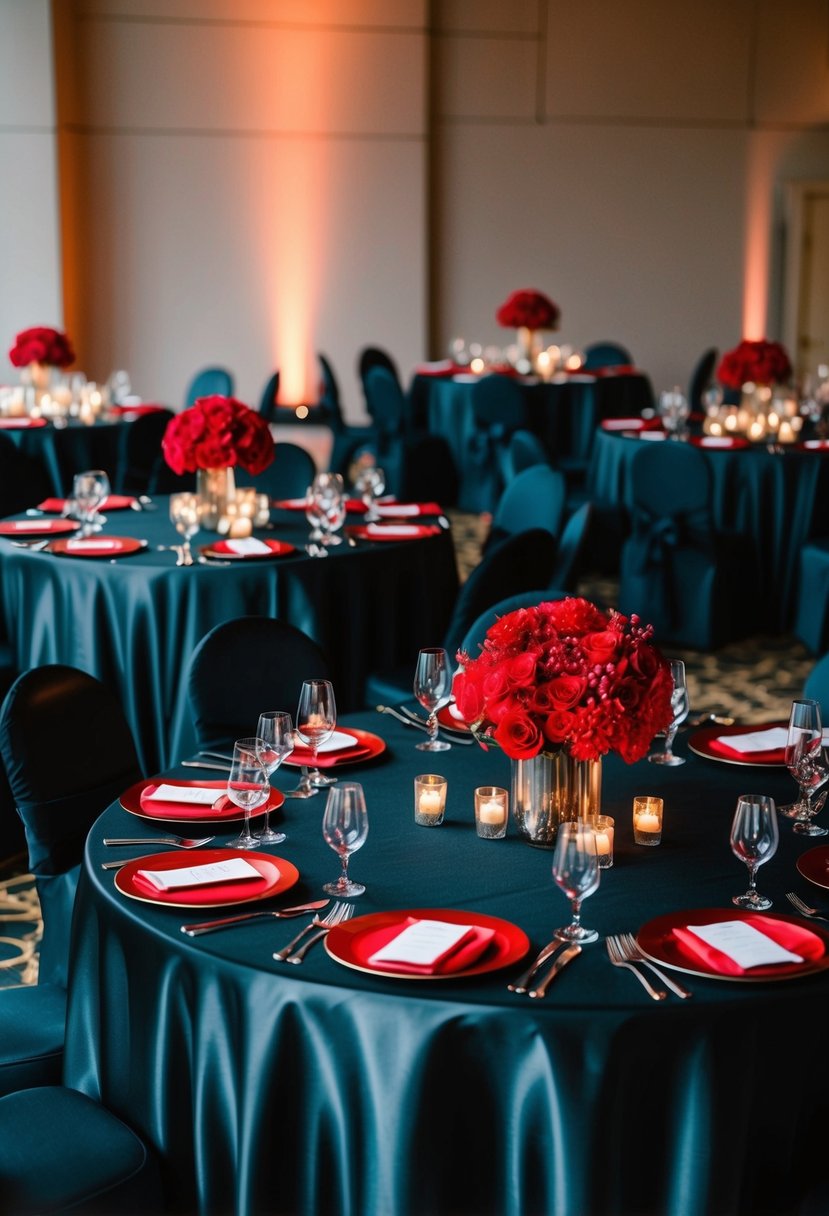 Black satin tablecloths with red centerpieces, creating a dramatic and elegant atmosphere for a black and red themed wedding