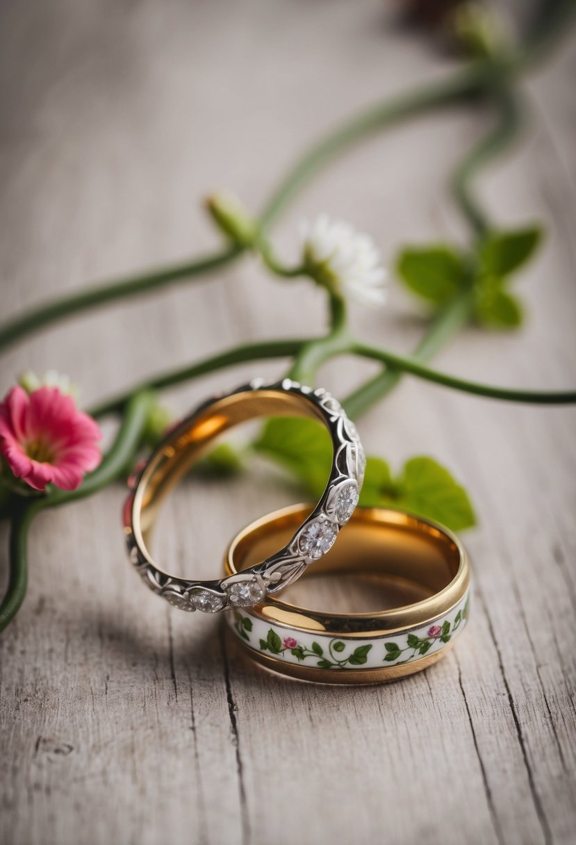 Two old wedding rings intertwined with floral and vine decorations