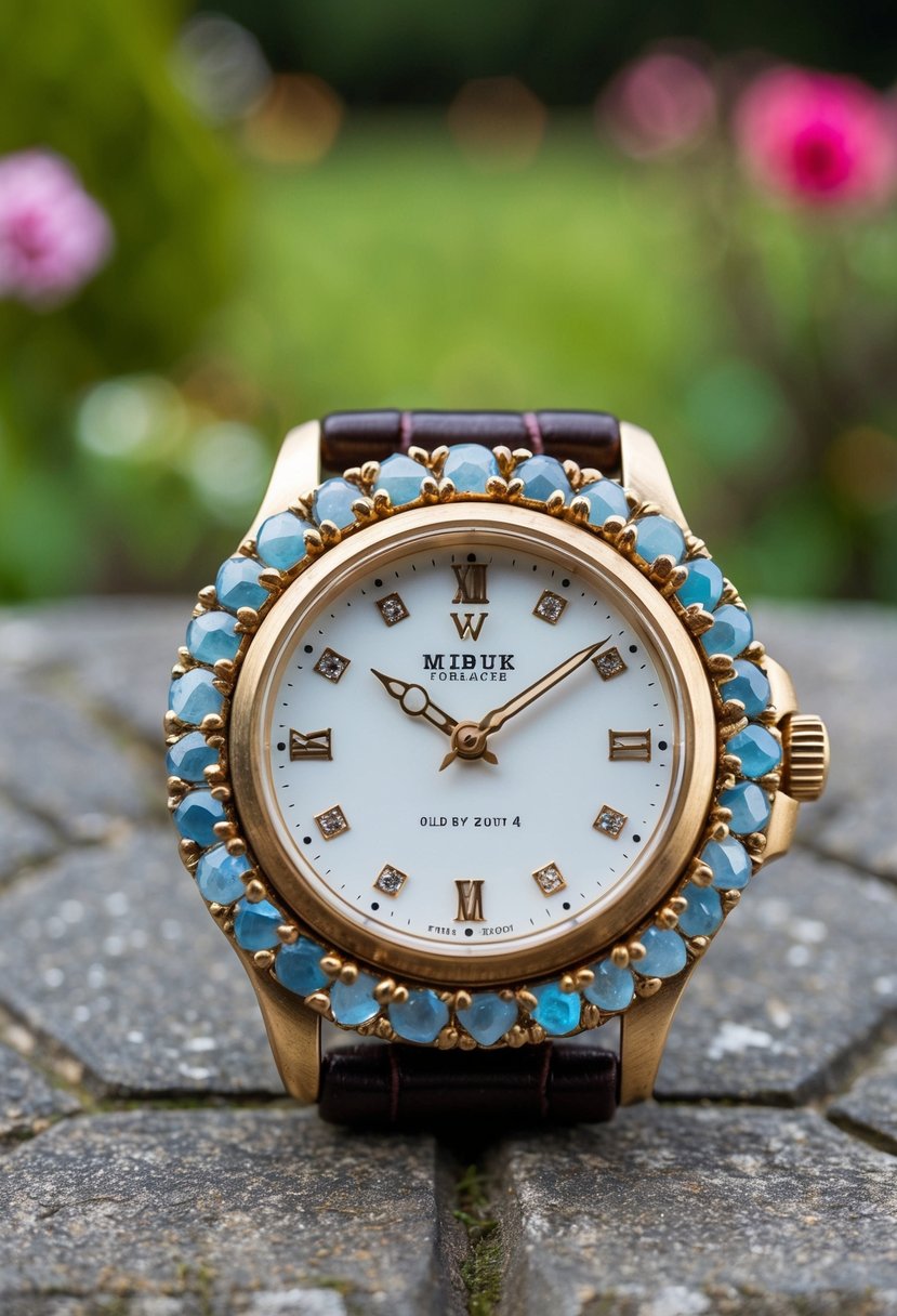 A watch face made of old wedding rings, adorned with small stones, set against a backdrop of a serene garden