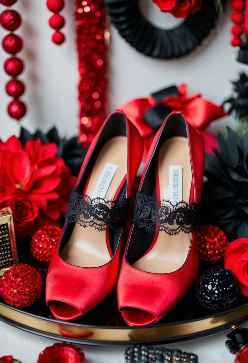 A pair of chic red bridal shoes with black lace, surrounded by red and black wedding decor and accessories