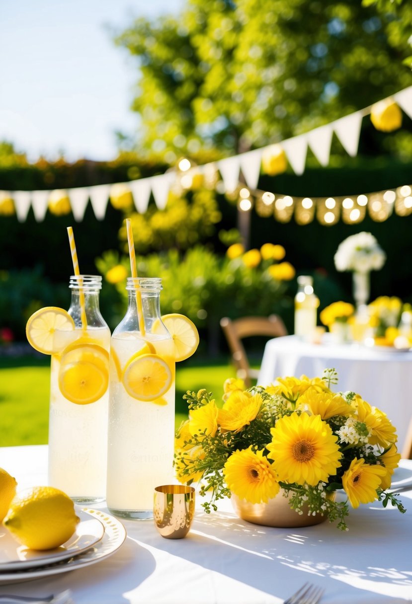 A sunlit garden with yellow flowers, lemonade, and golden decorations for a cheerful outdoor wedding celebration