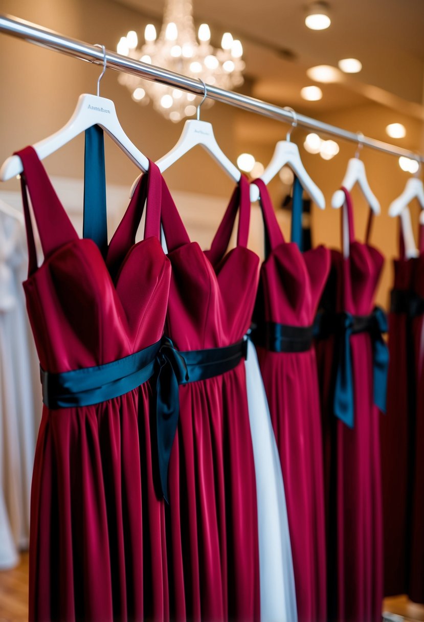 Crimson bridesmaid dresses with black sashes hang on a rack