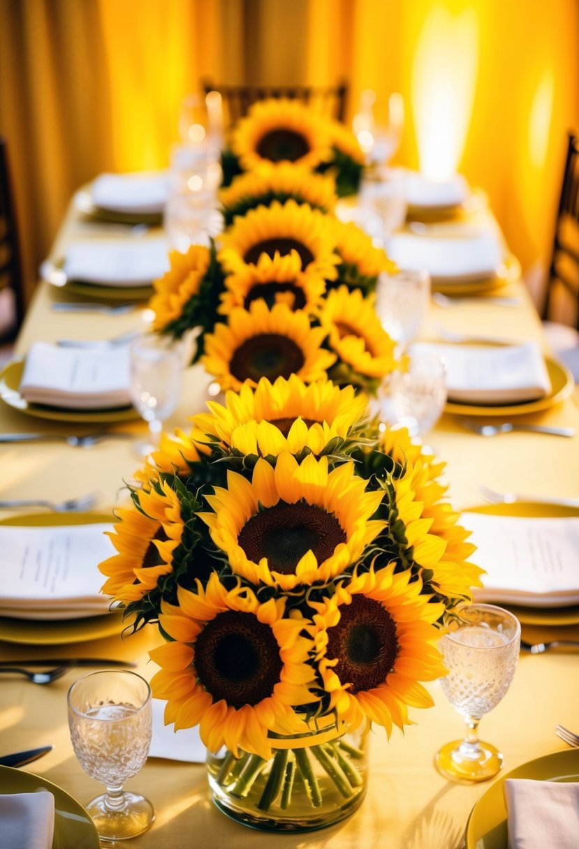 A table adorned with vibrant sunflower centerpieces, casting a warm and cheerful glow over a yellow-themed wedding celebration