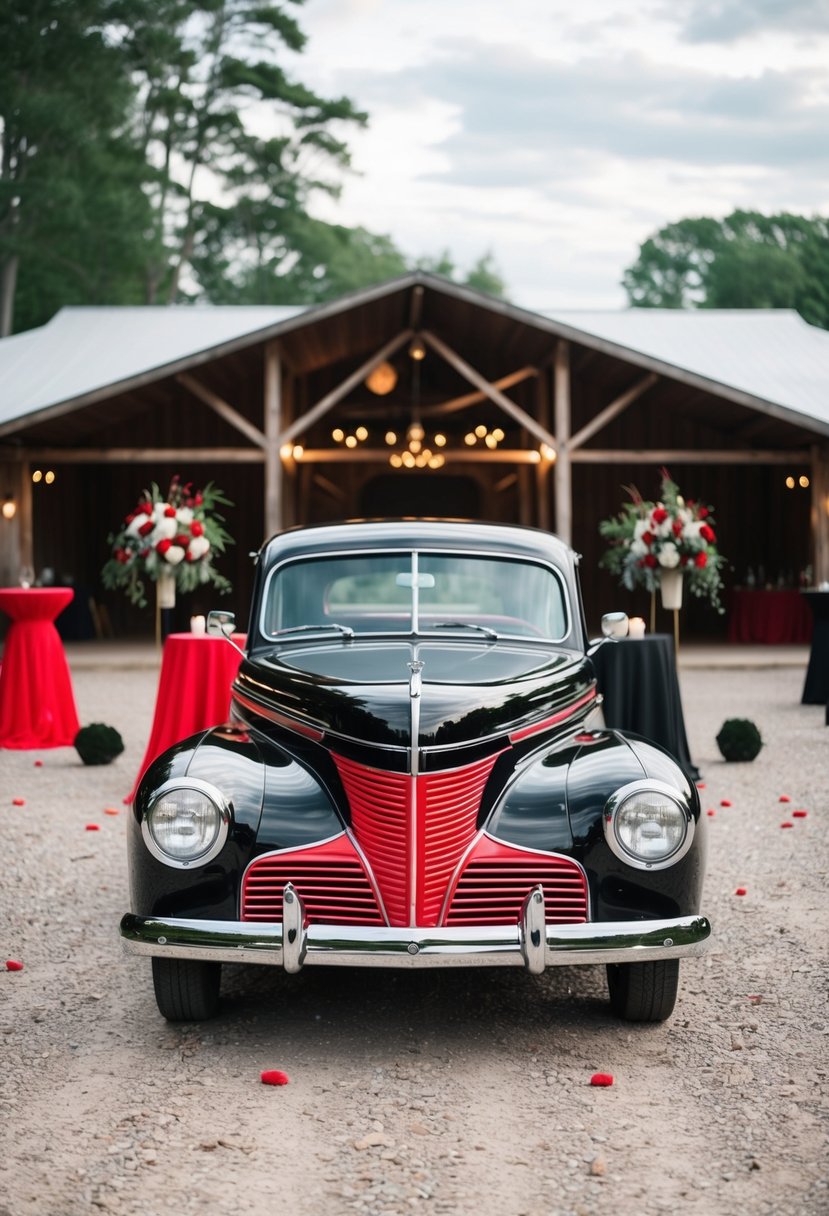 A vintage black and red getaway car parked in front of a rustic wedding venue, with red and black wedding decor scattered around