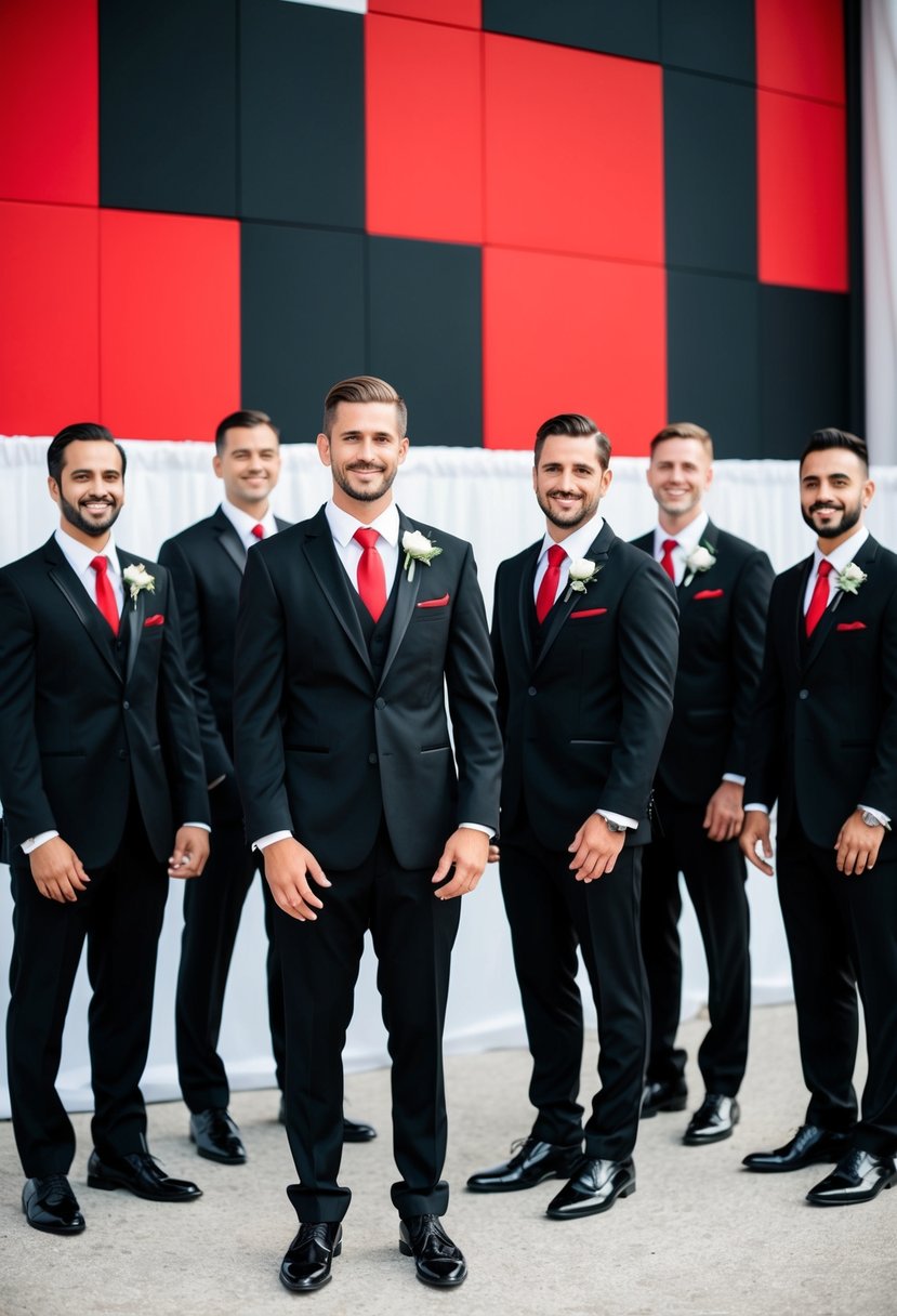 Groomsmen in formal black suits with red ties stand against a black and red wedding backdrop