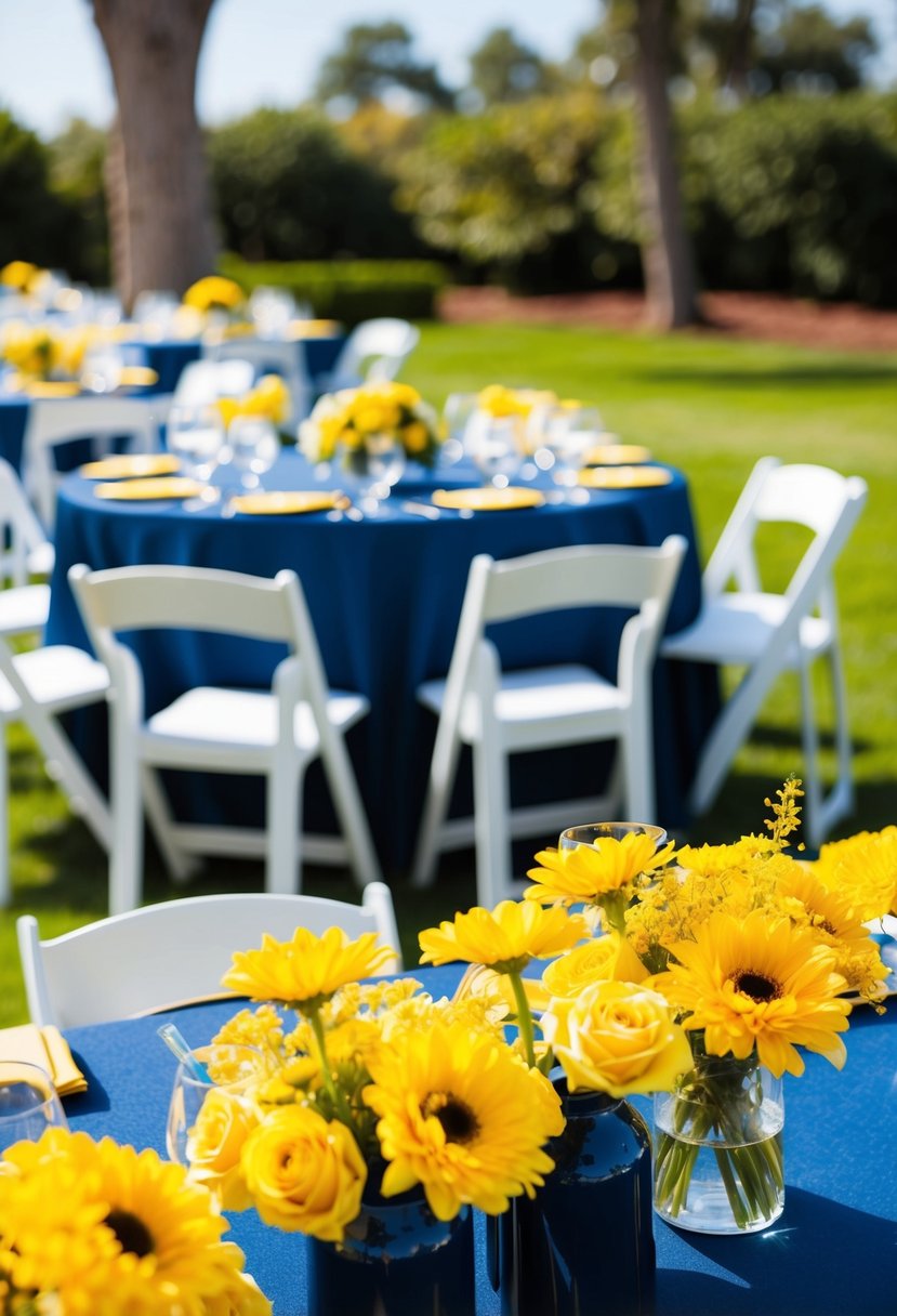 A sunny outdoor wedding with yellow and navy blue decor, featuring yellow flowers, navy blue tablecloths, and golden accents