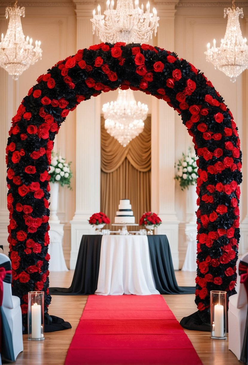 A grand arch adorned in red and black, surrounded by elegant wedding decor