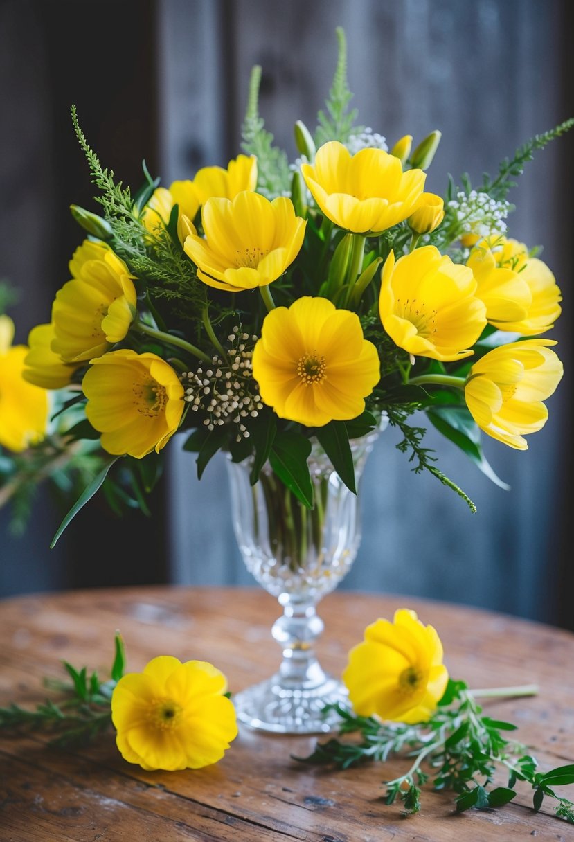 A vibrant yellow bridal bouquet of buttercup flowers, accented with delicate greenery, sits in a crystal vase on a rustic wooden table