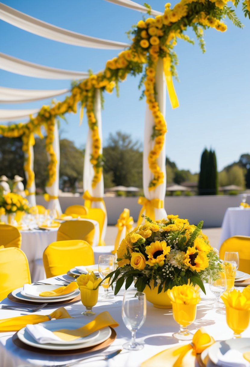 A sunny outdoor wedding venue decorated with cheerful yellow accents, including yellow flowers, ribbons, and table settings