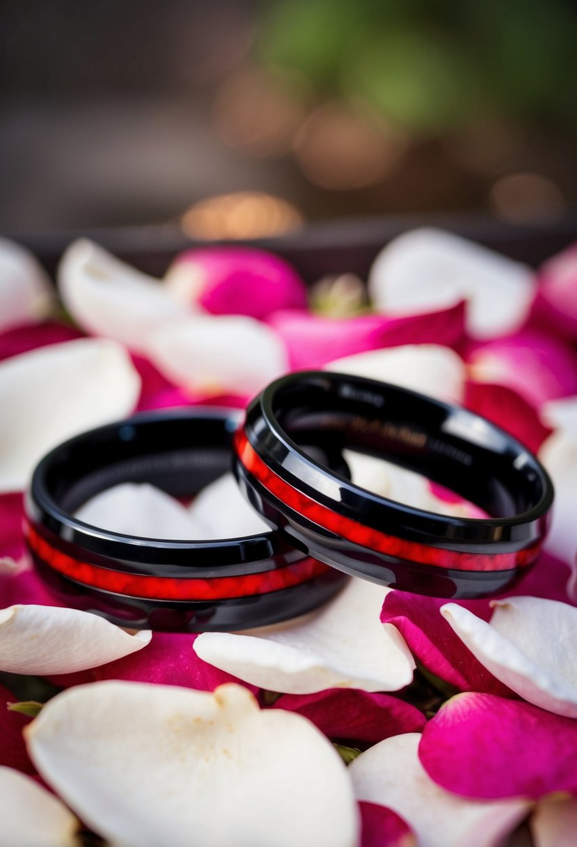 A pair of red and black wedding rings resting on a bed of rose petals