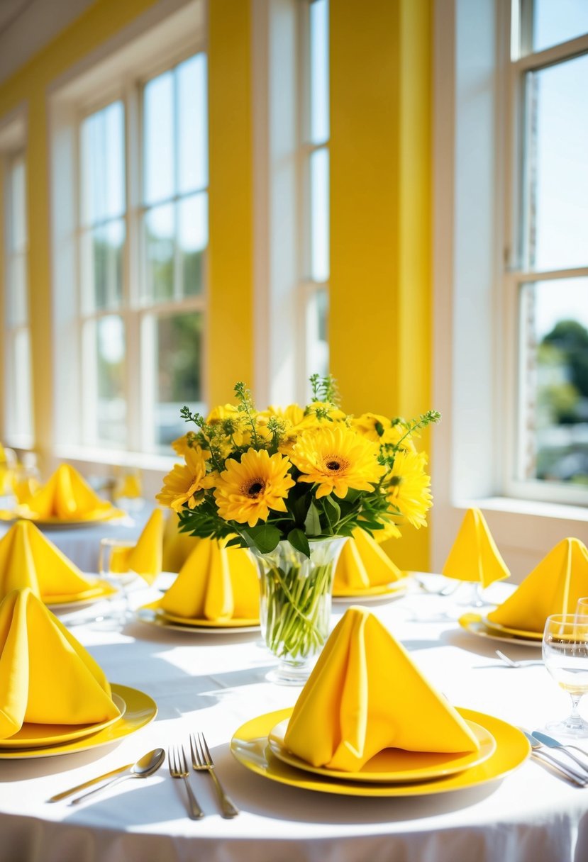 Bright yellow table linens arranged on a table, with a bouquet of yellow flowers as a centerpiece. Sunshine streams in through nearby windows