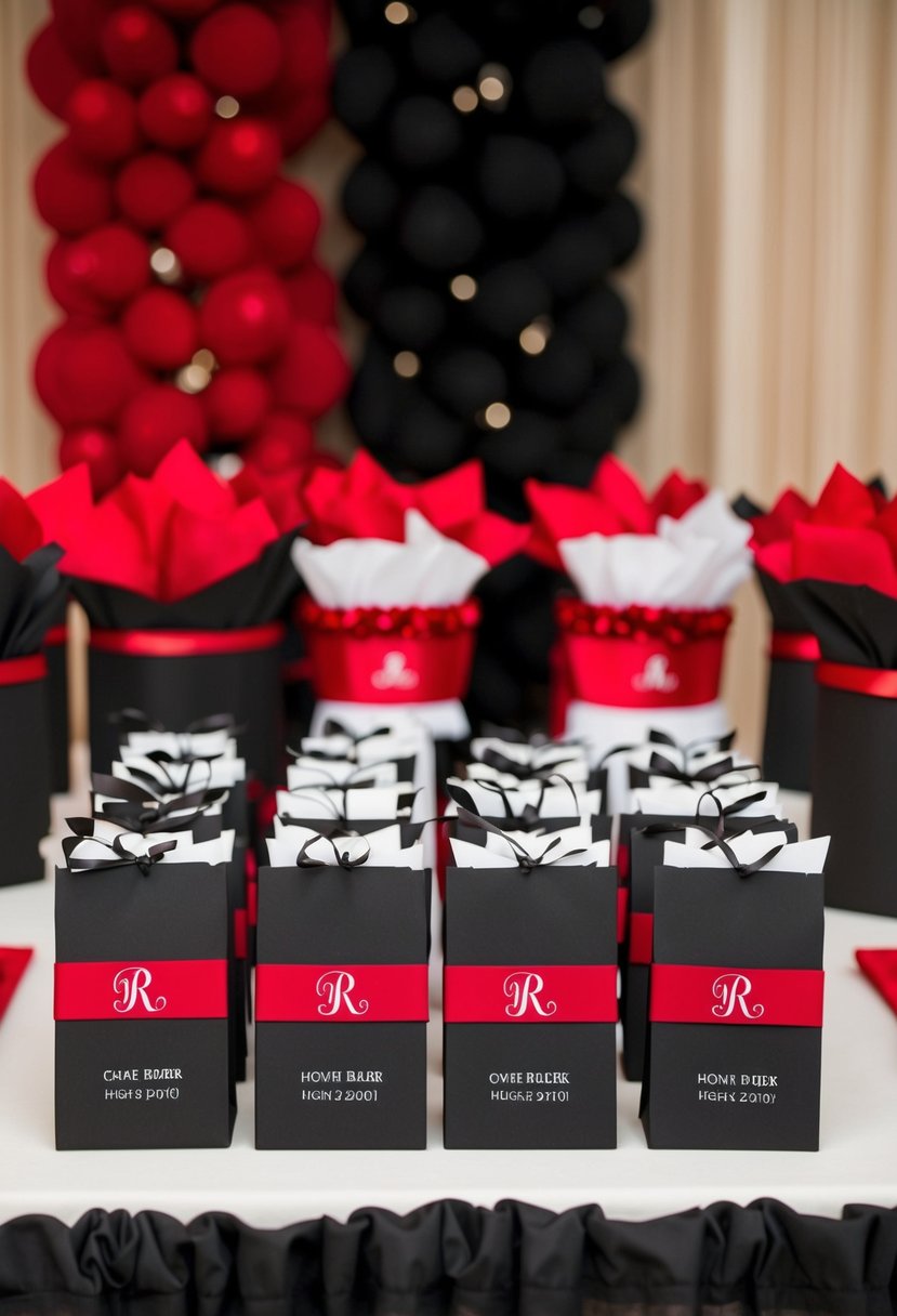 Black and red monogrammed wedding favors arranged on a table with black and red wedding decor in the background