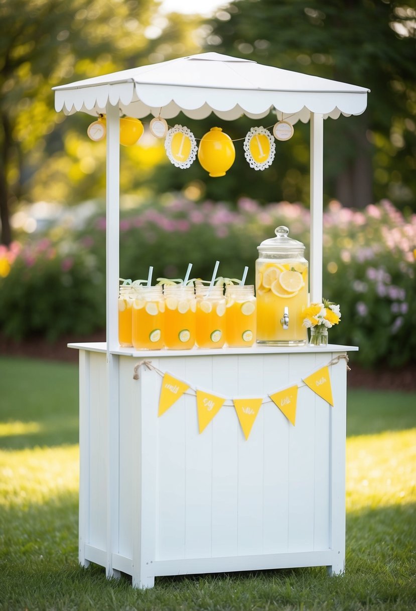 A lemonade stand with yellow drinks and decorations for a wedding