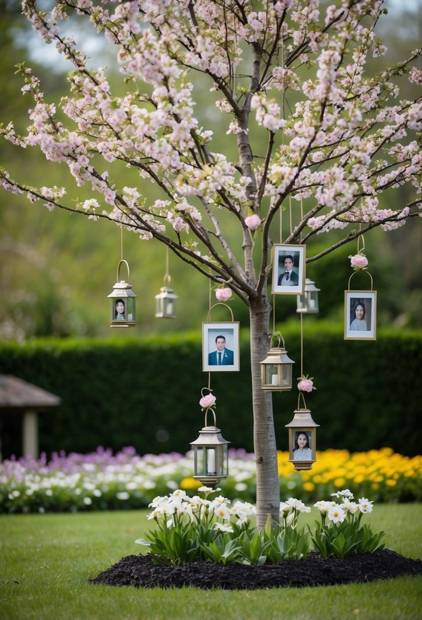 A serene garden with a blooming tree adorned with hanging lanterns and photos of the deceased, surrounded by peaceful flowers and a gentle breeze