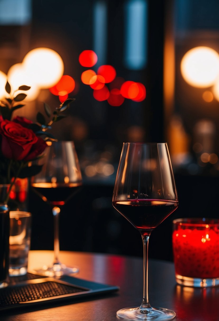 A dimly lit cocktail hour with red wine, black and red decor, and a romantic ambiance