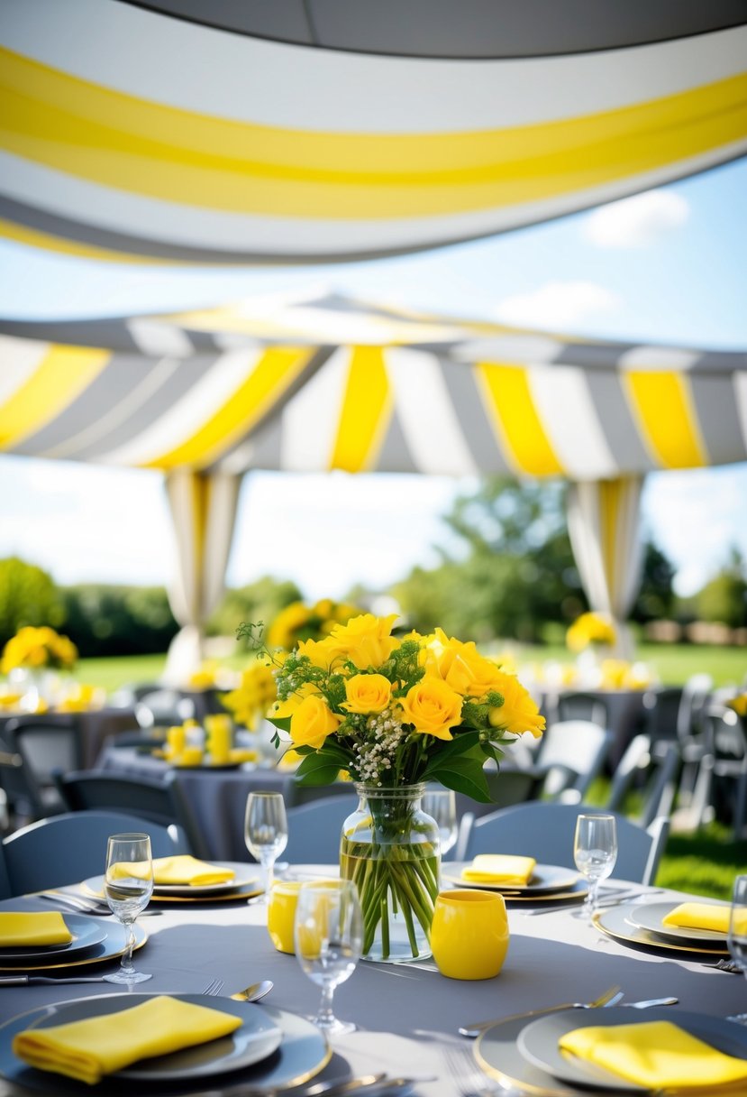 A sunny outdoor wedding with yellow flowers, gray table settings, and a yellow and gray striped canopy