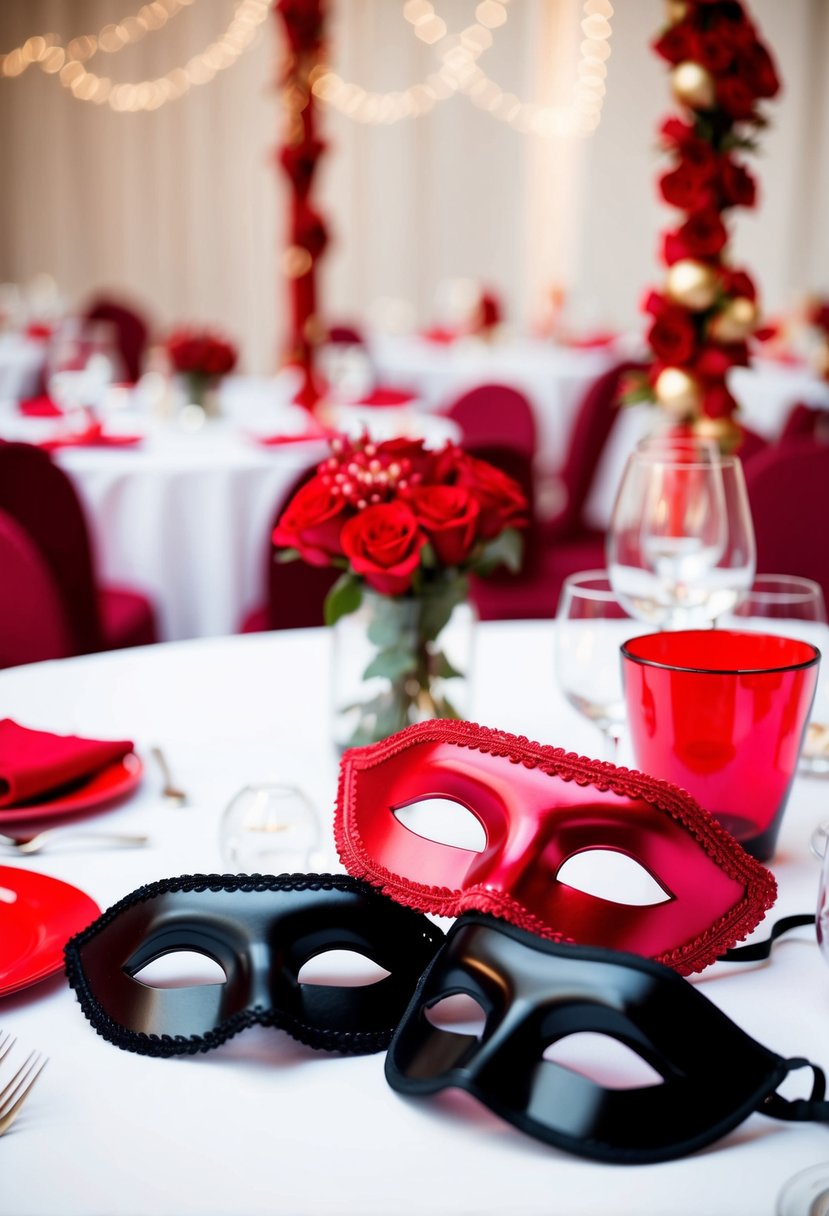 Black and red masquerade masks on a table with red wedding decor