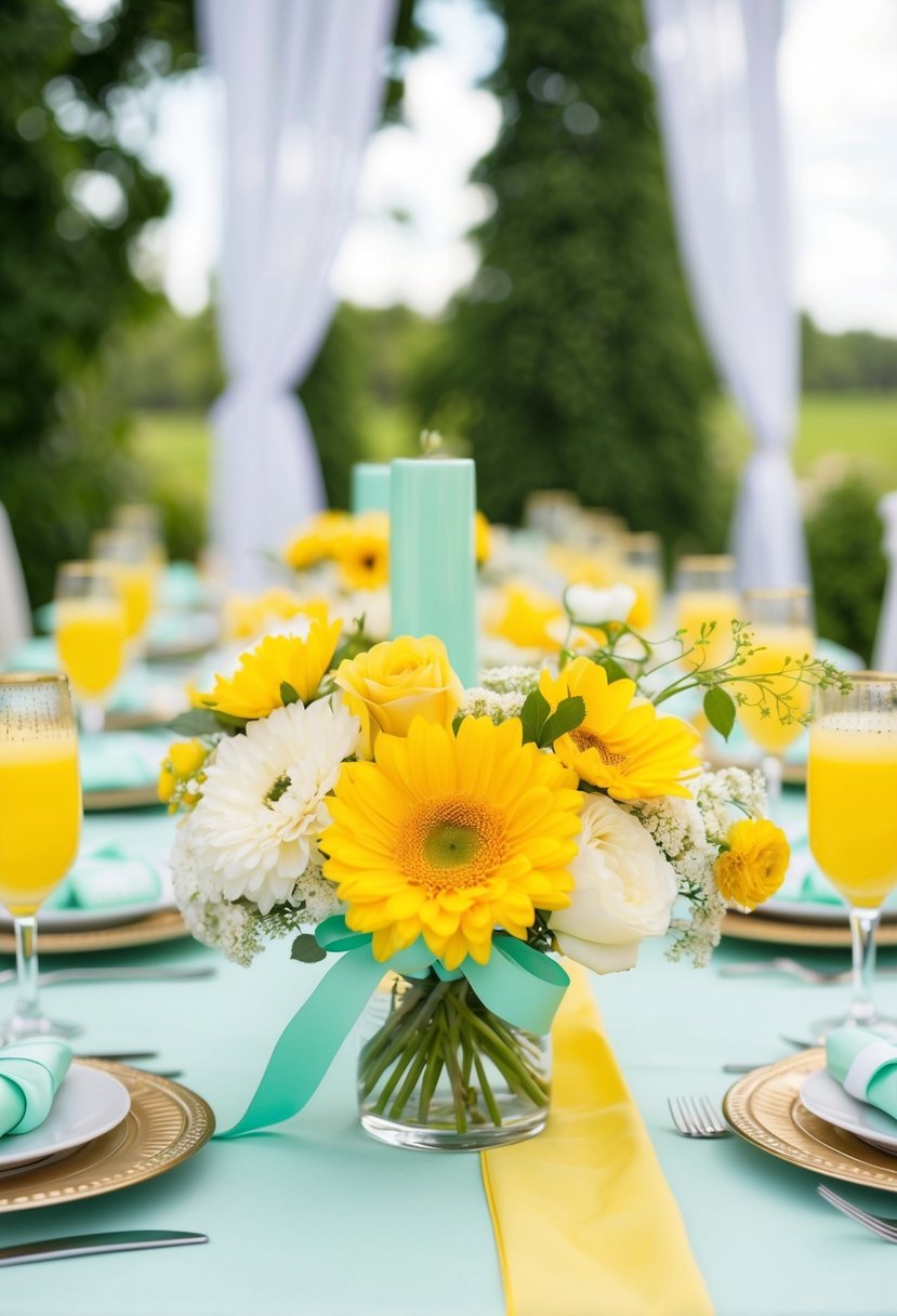 A mint and yellow summer decor with flowers, ribbons, and table settings for a wedding